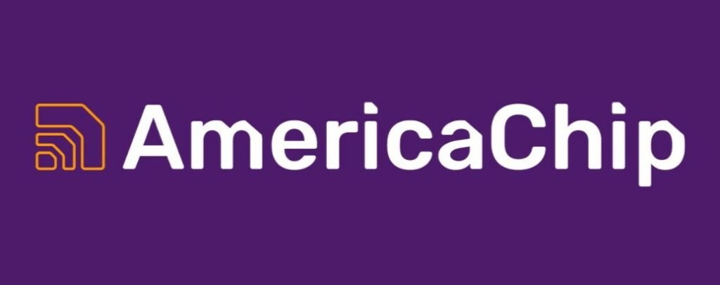 logo da America Chip com o nome da empresa escrito em branco sobre um fundo roxo. Antes de começar a escrita há um símbolo amarelo de uma rede de internet. Imagem para ilustrar post sobre eSIM Paupua Nova Guiné.