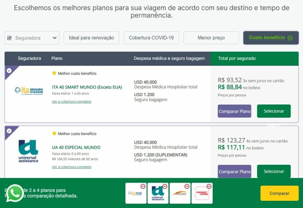 Tela da Seguros Promo mostrando opções de seguro viagem Seul 